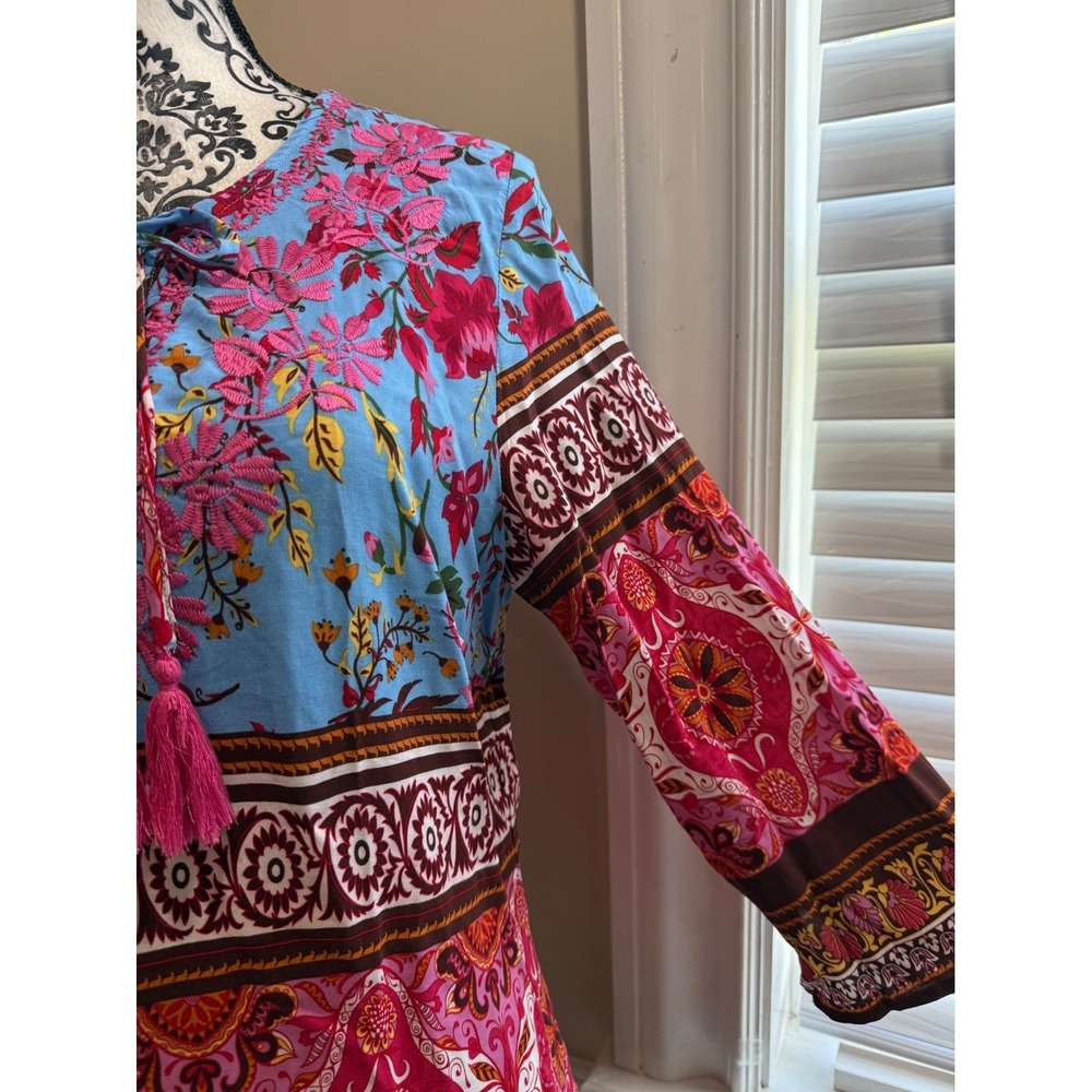 Aziza Womens Boho Floral Paisley Embroidered Tassel Tunic Top Blue Pink Size M - Picture 2 of 10